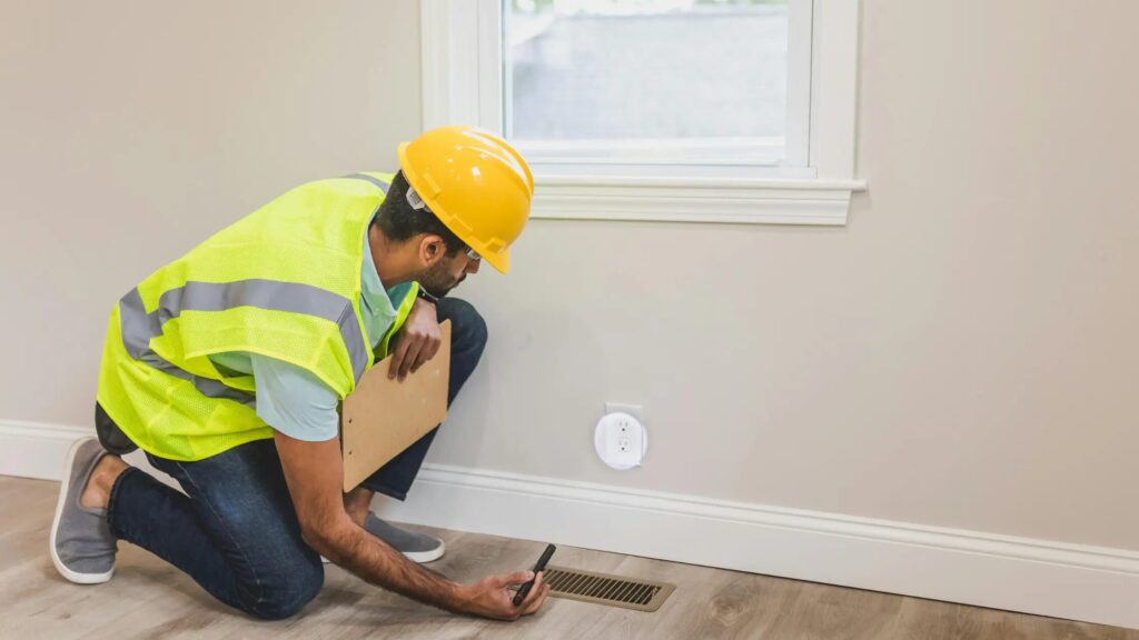 a person in a hard hat looking at a cell phone